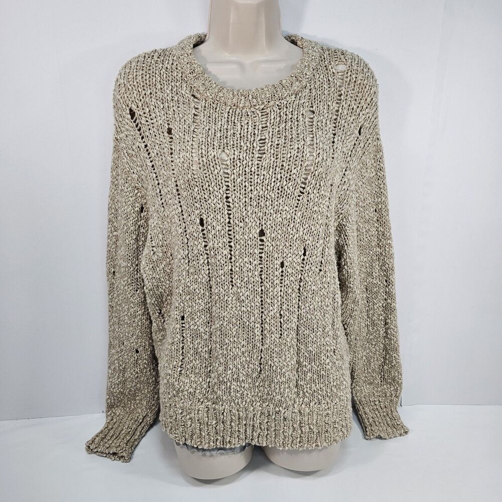 Bluivy Open Knit Boat Neck Pullover Sweater Neutral Tan Marled Long Sleeve S/M